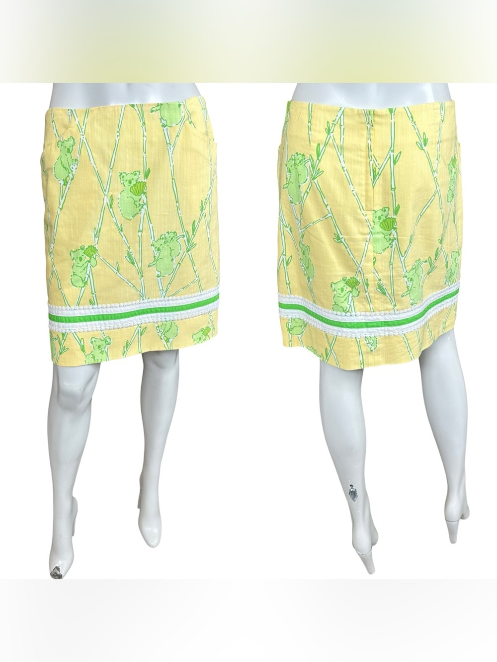 Vintage Lilly Pulitzer Roslyn Yellow White Green Bamboo Koala Print Skirt Size 2